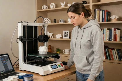 Jeune femme débutante observant une imprimante 3D FDM en fonctionnement dans un bureau à domicile