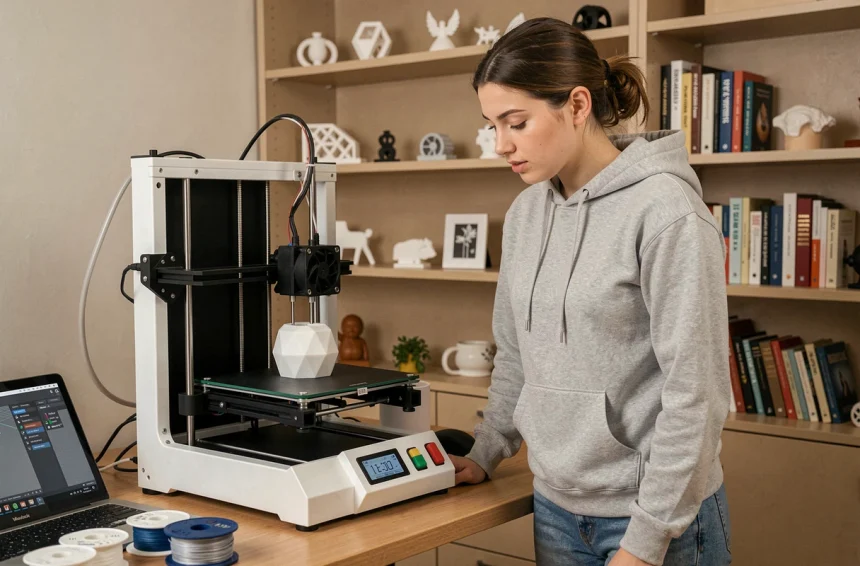 Jeune femme débutante observant une imprimante 3D FDM en fonctionnement dans un bureau à domicile