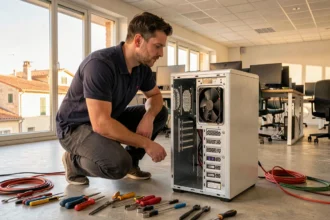 Technicien informatique en intervention dans un bureau moderne en Occitanie, illustrant le thème du dépannage informatique professionnel