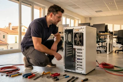 Technicien informatique en intervention dans un bureau moderne en Occitanie, illustrant le thème du dépannage informatique professionnel