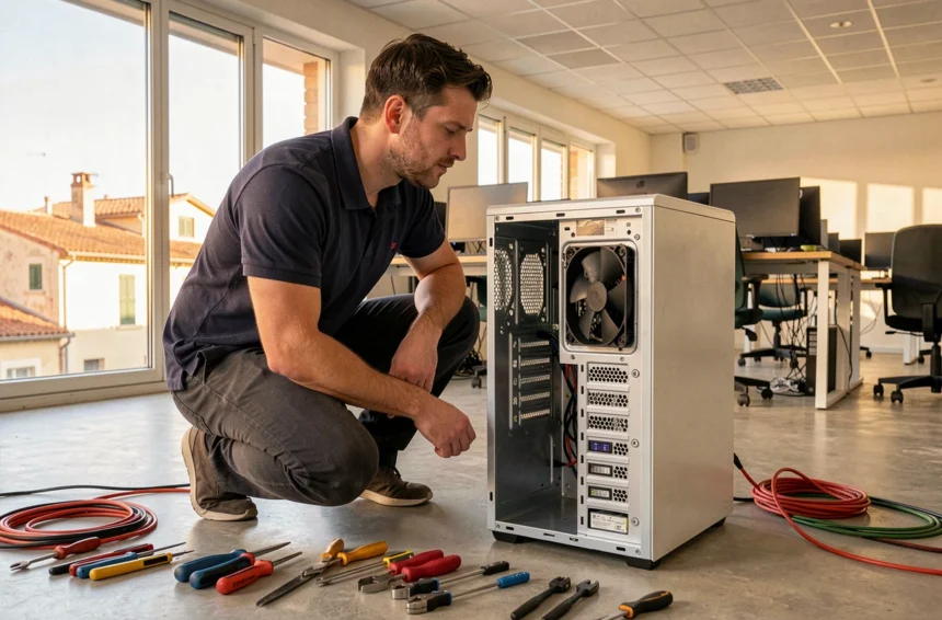 Technicien informatique en intervention dans un bureau moderne en Occitanie, illustrant le thème du dépannage informatique professionnel