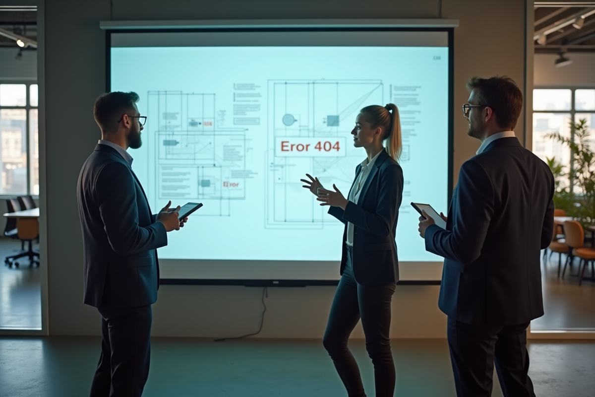 UX designer expliquant un wireframe error 404 à ses collègues