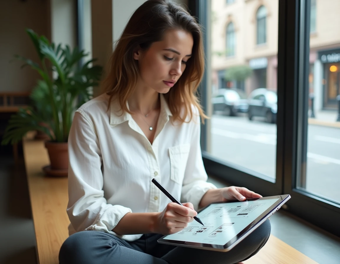 Designer UX féminine esquissant des maquettes d'interface GUI sur tablette dans un espace de coworking