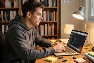 Développeur informatique étudiant une interface d'installation macOS sur un hackintosh, bureau encombré de notes et de clés USB
