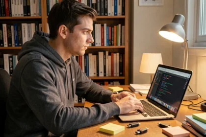Développeur informatique étudiant une interface d'installation macOS sur un hackintosh, bureau encombré de notes et de clés USB
