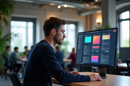 Développeur logiciel travaillant sur une interface graphique GUI dans un environnement de bureau moderne