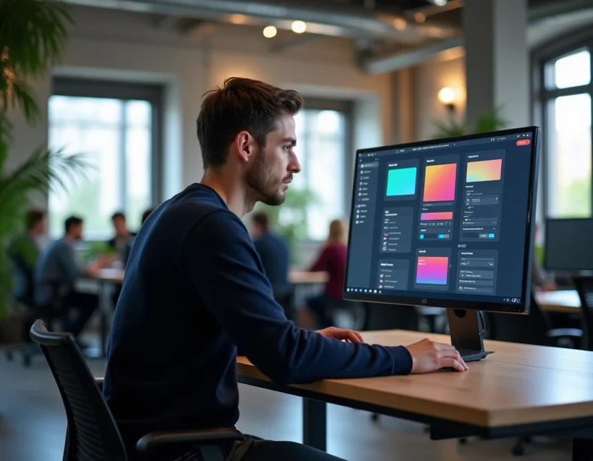 Développeur logiciel travaillant sur une interface graphique GUI dans un environnement de bureau moderne