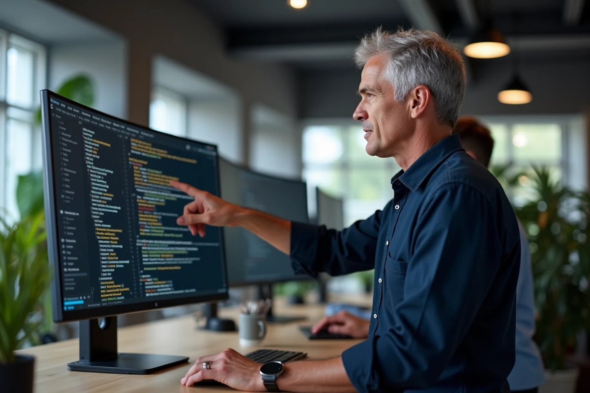 Développeur senior pointant des erreurs Python liées aux listes sur un grand écran dans un bureau moderne en open space