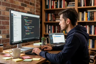 Développeur web analysant la version PHP de WordPress sur son écran dans un bureau moderne
