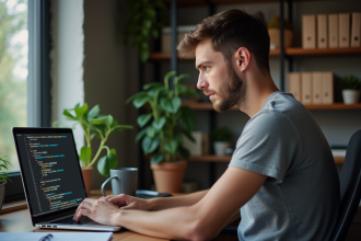 Jeune developpeur web concentré devant un ordinateur affichant une erreur 404