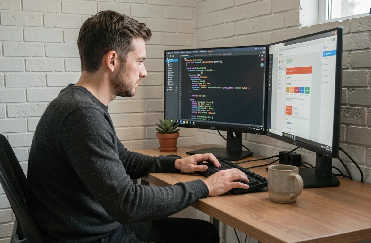 Développeur web concentré sur la création d'une application web dans son bureau à domicile, symbolisant l'expertise technique au cœur des projets de transformation numérique