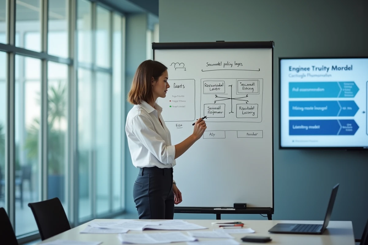 Développeuse dessinant un schéma d'architecture de sécurité applicative avec modèles secmodel et RBAC sur un tableau blanc