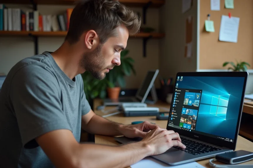 Homme concentré diagnostiquant un PC lent avec le gestionnaire des tâches Windows ouvert sur son bureau à domicile