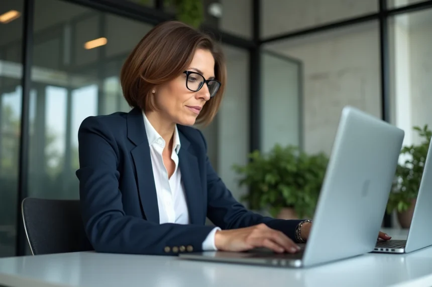 Dirigeante de PME comparant deux logiciels de gestion sur des ordinateurs portables dans un bureau moderne
