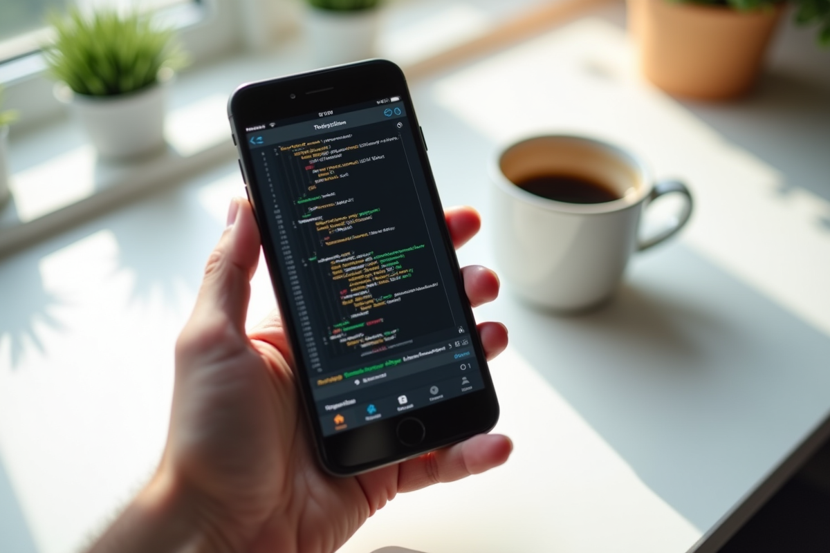 Gros plan sur écran de smartphone avec code HTML en main
