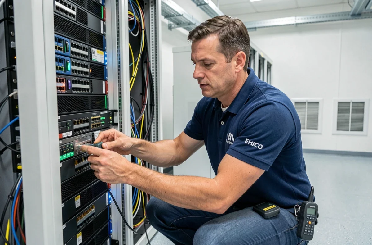 Ingénieur en maintenance informatique intervenant dans une salle serveurs d'entreprise en Occitanie, représentant EMB Solutions