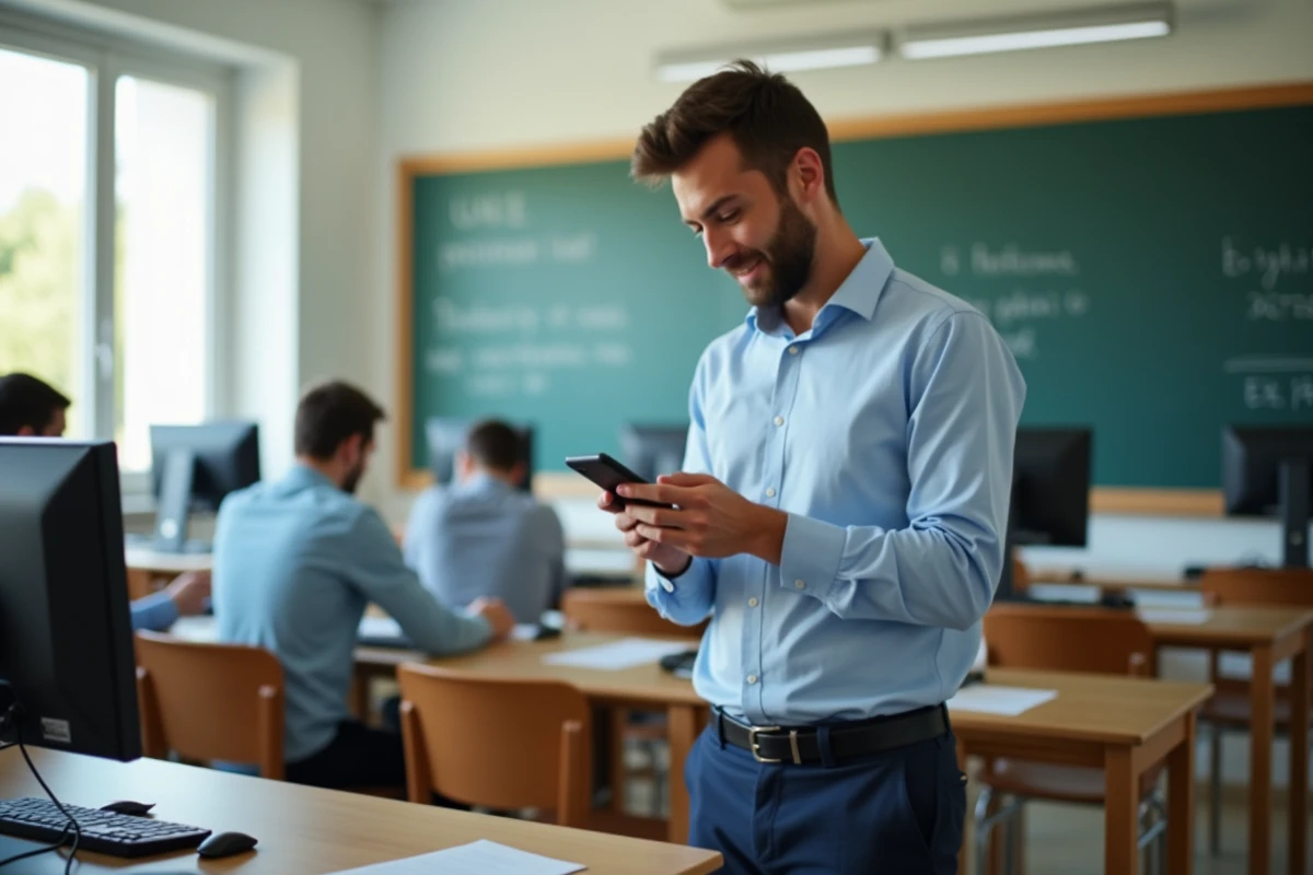 Jeune enseignant vérifiant ses emails dans une classe moderne