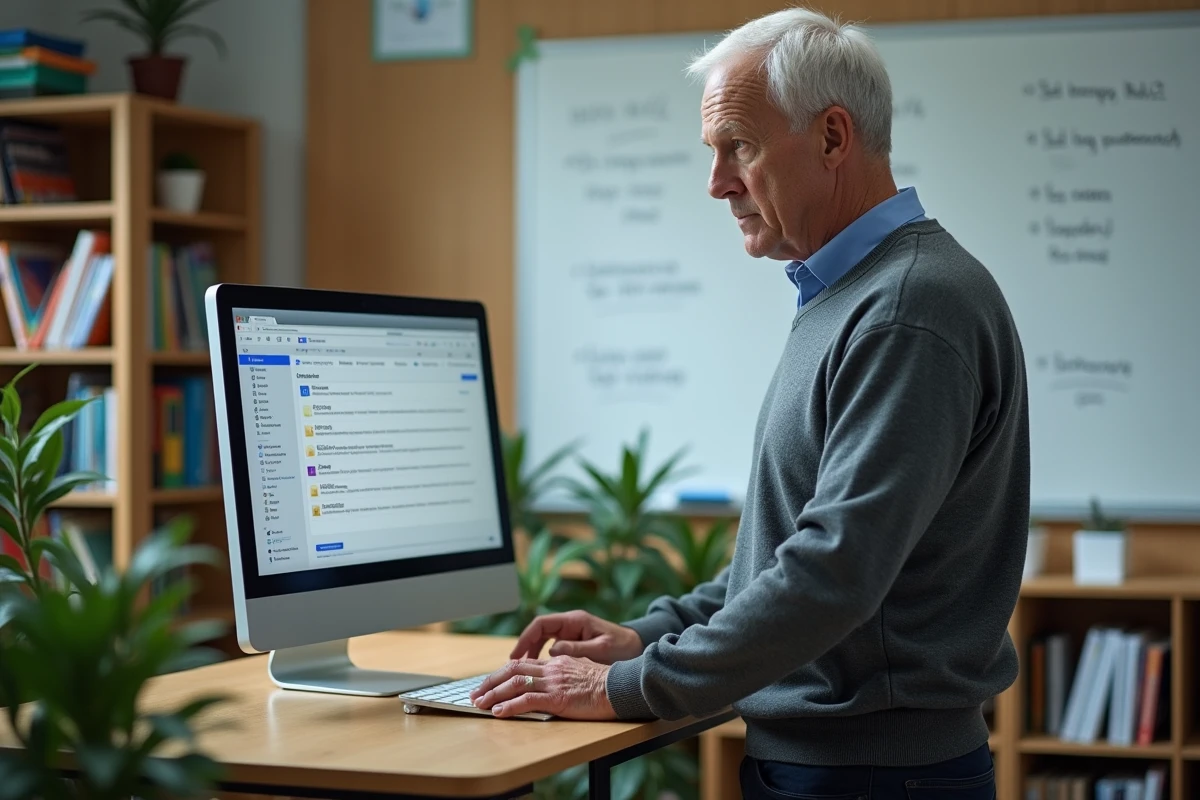 Enseignant masculin configurant son agenda et ses dossiers de messagerie Zimbra sur un ordinateur de bureau dans un CDI