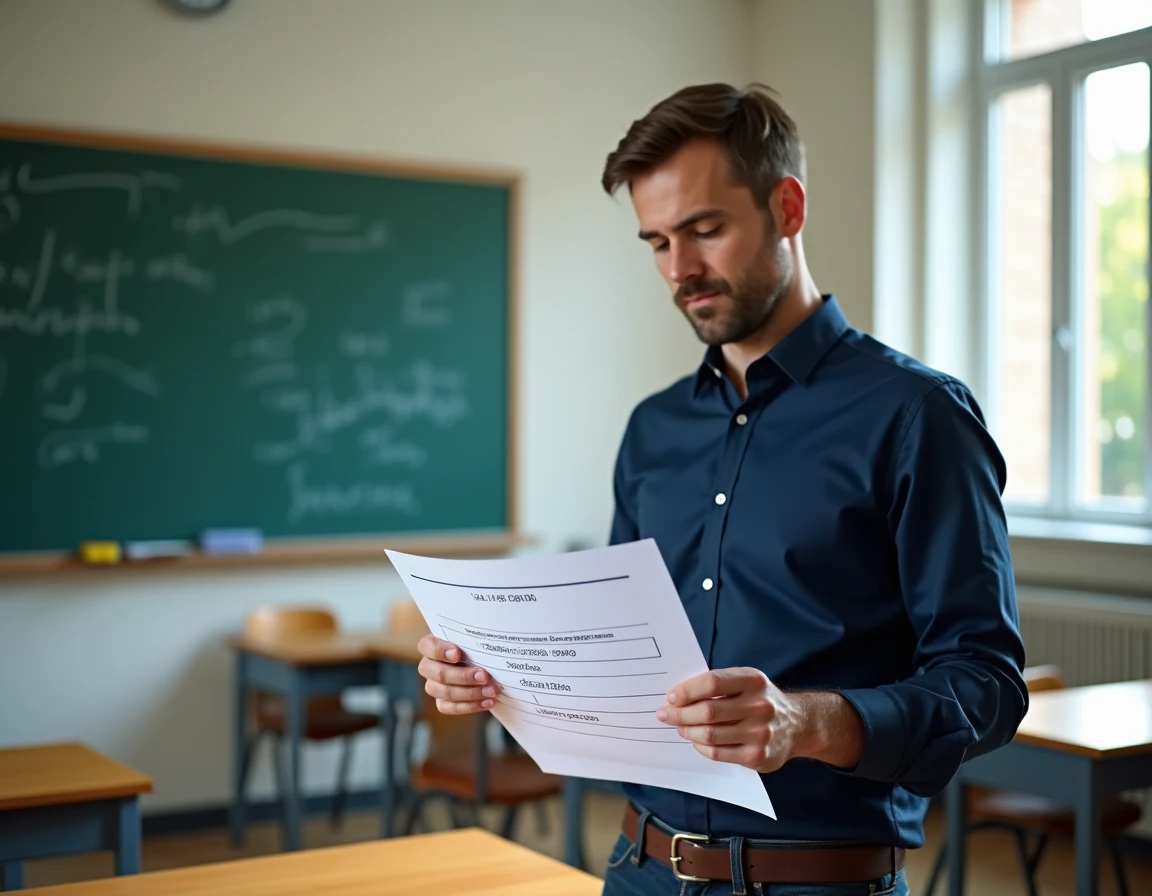 Enseignant vérifiant ses identifiants de connexion académique Amiens dans une salle de classe vide