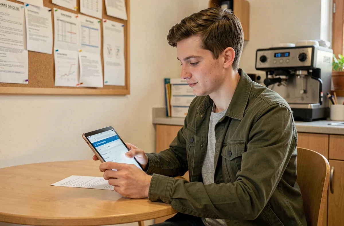 Enseignant consultant sa messagerie professionnelle webmail sur une tablette dans la salle des professeurs