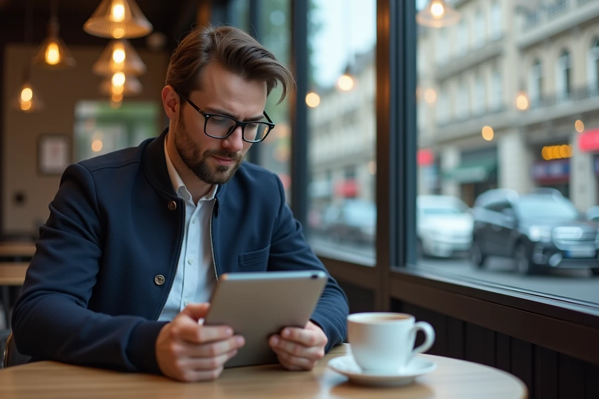 Enseignant cherchant l'URL de connexion au webmail académique depuis une tablette dans un café urbain