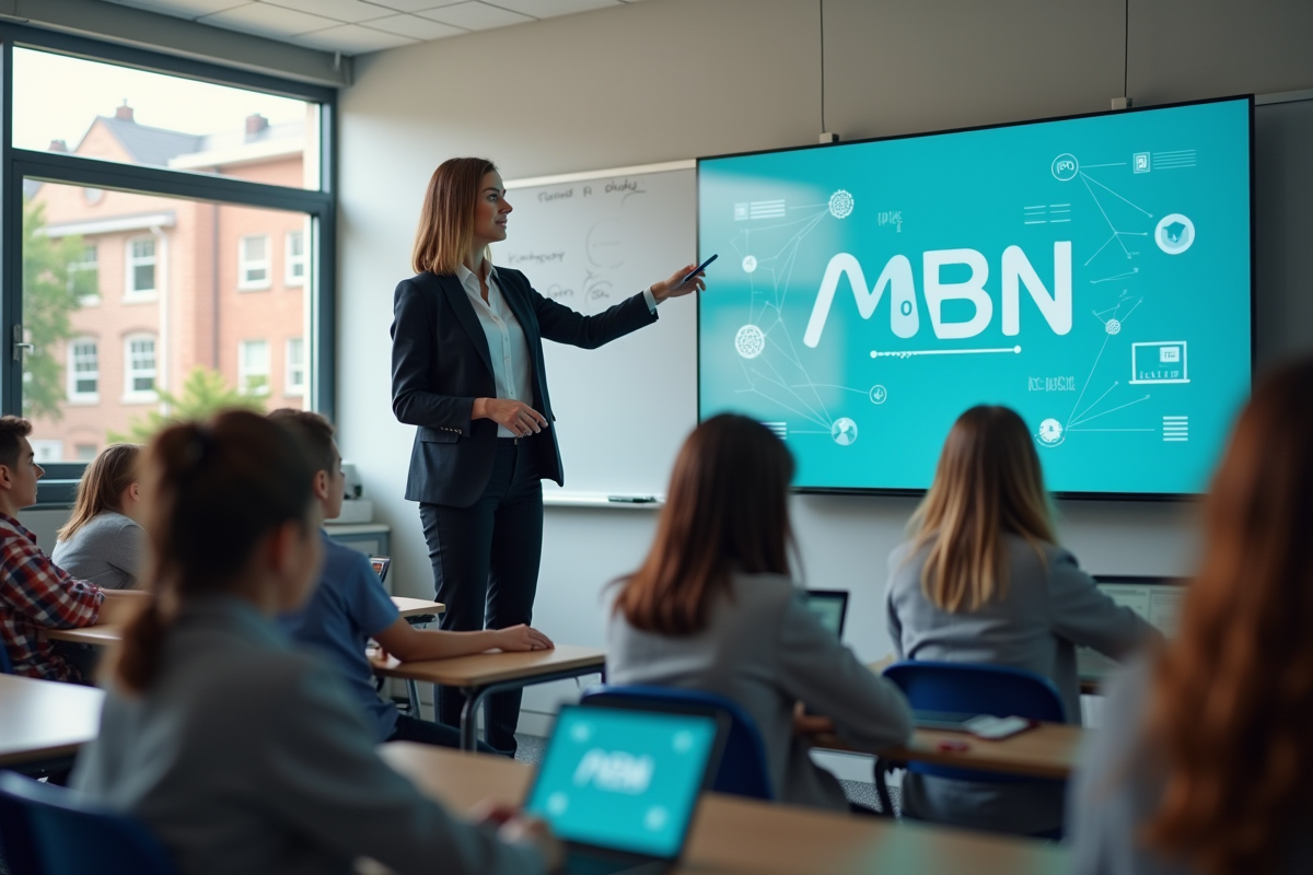 Enseignante devant tableau interactif avec élèves