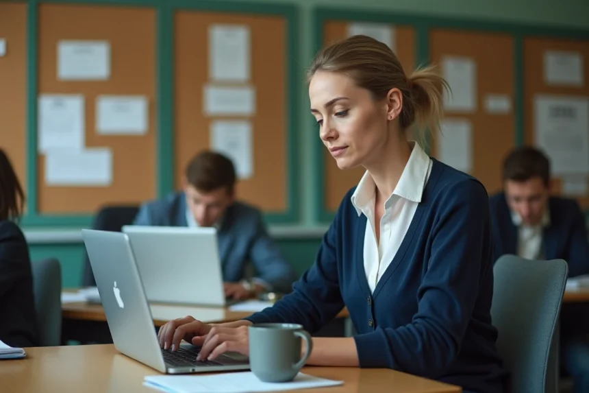 Enseignante utilisant l'interface webmail Zimbra sur son ordinateur portable dans une salle des professeurs