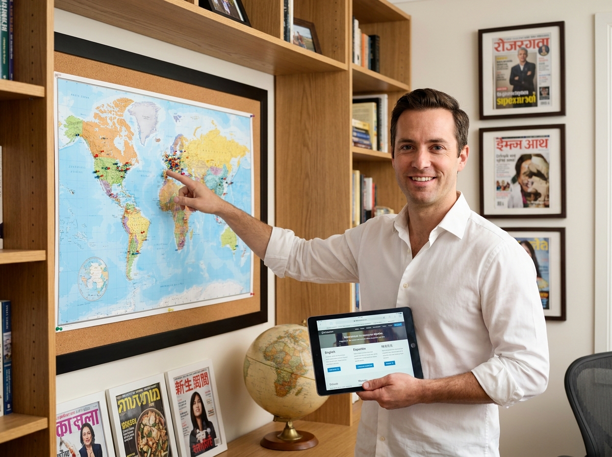 Entrepreneur pointant une carte du monde dans un bureau organisé illustrant une stratégie de communication internationale multilingue