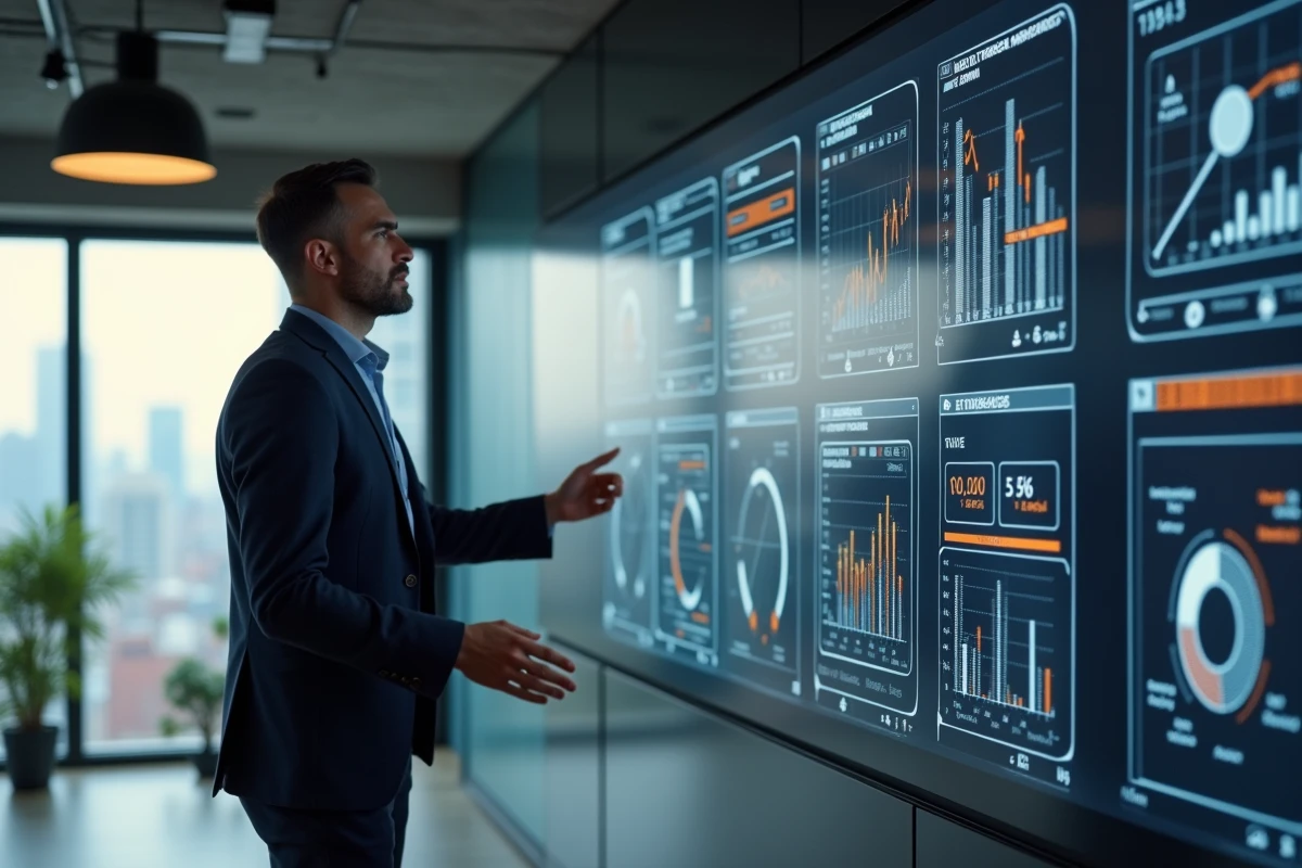 Entrepreneur présentant une stratégie de microtechnologie innovante sur écran interactif dans un bureau de startup moderne