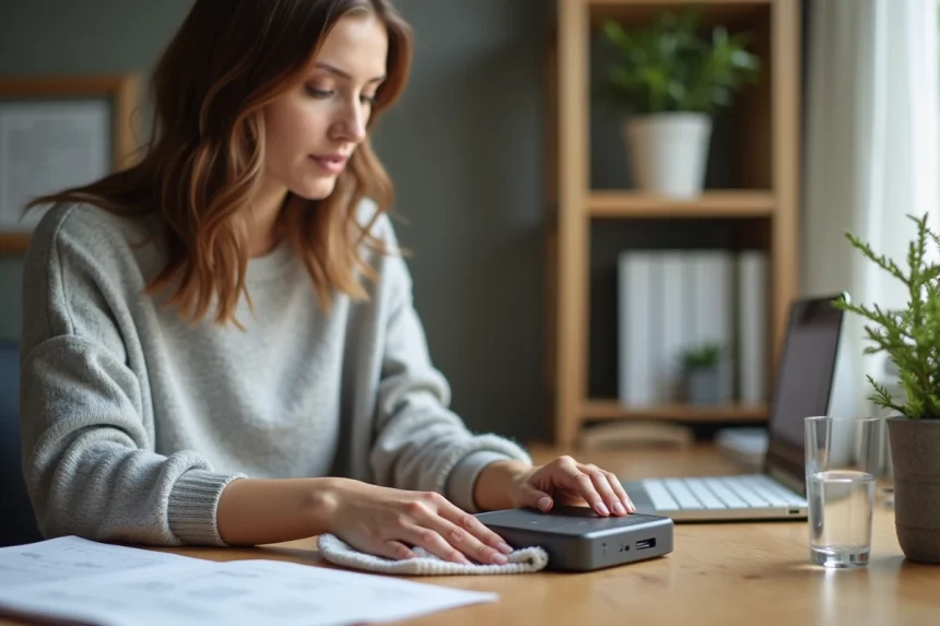 Femme entretenant une mini imprimante portable en la nettoyant avec un chiffon microfibre sur un bureau en bois