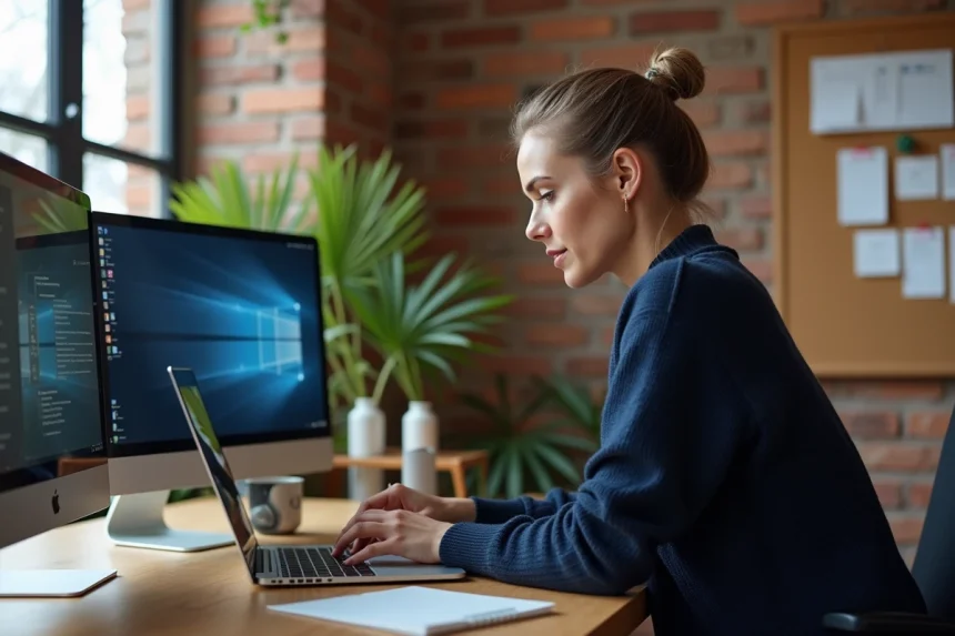 Femme travaillant à distance depuis un bureau à domicile avec transfert de fichiers volumineux sur ordinateur portable