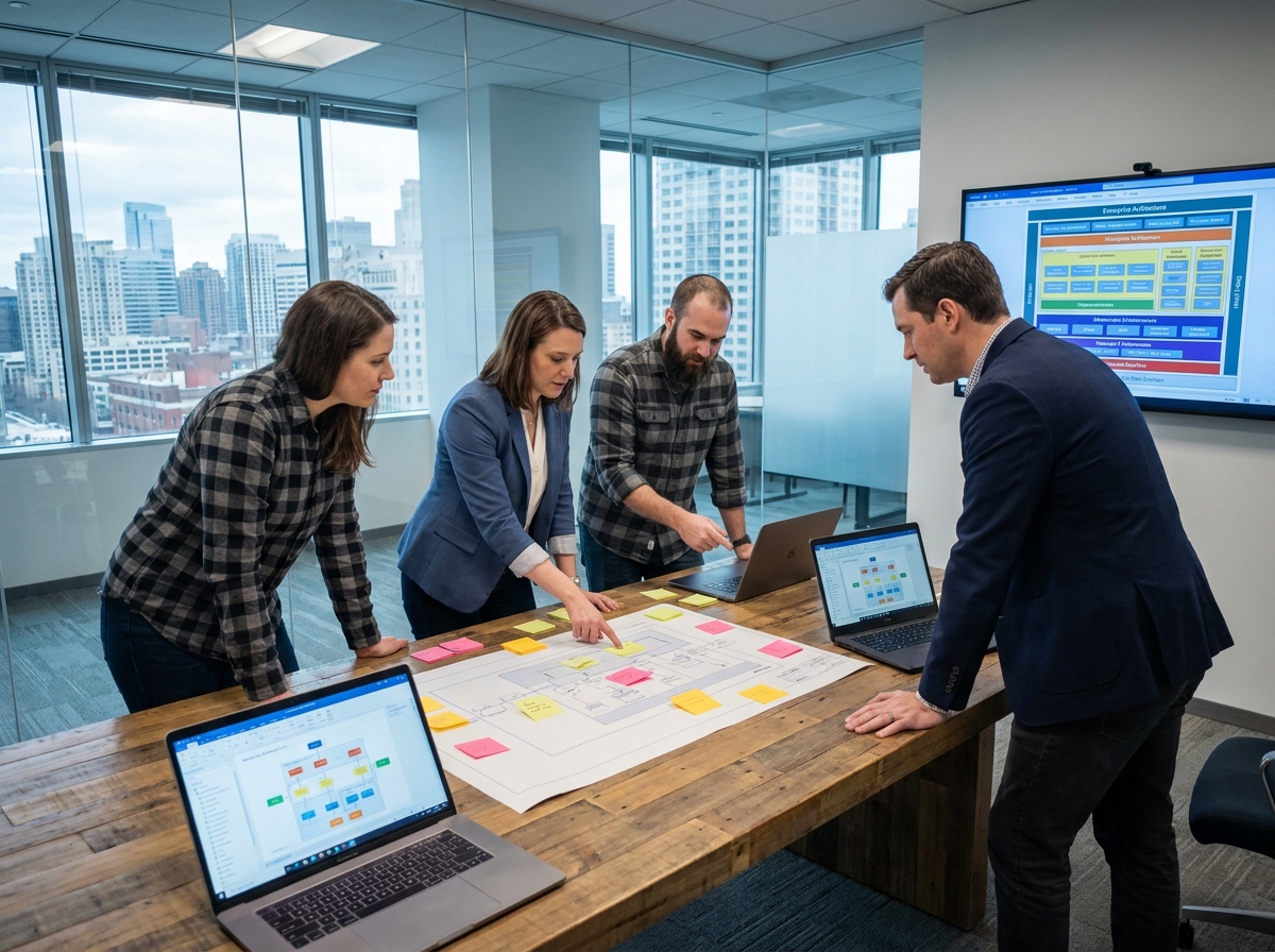 Équipe informatique collaborant autour d'une feuille de route d'architecture d'entreprise lors d'une réunion de transformation du SI