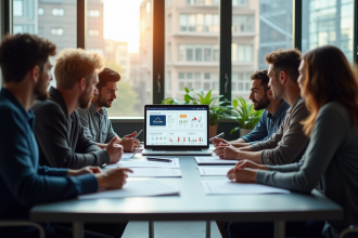 Groupe de professionnels autour d'une table examinant un rapport web