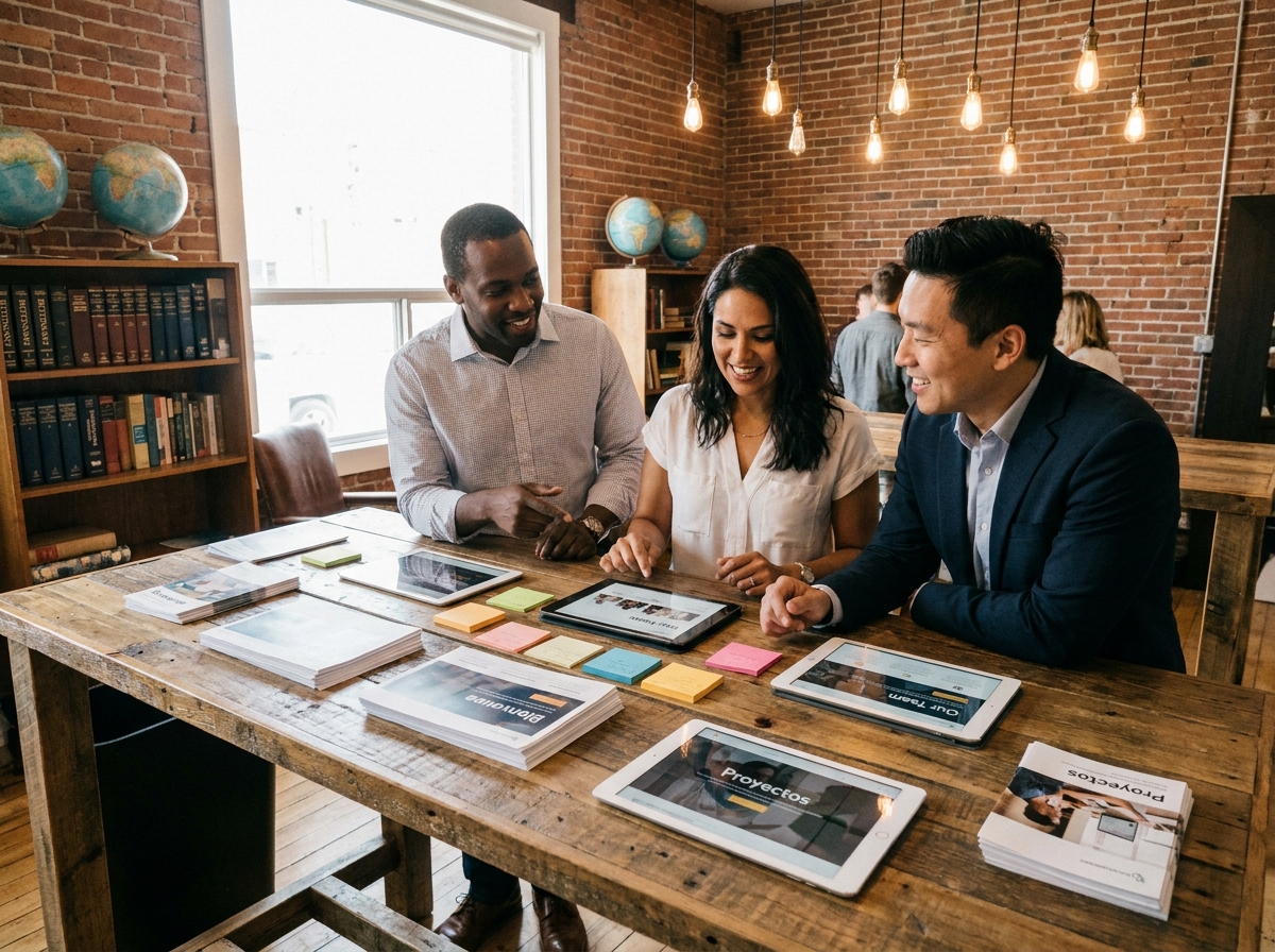 Équipe multiculturelle collaborant sur une stratégie de communication multilingue dans un espace de coworking créatif