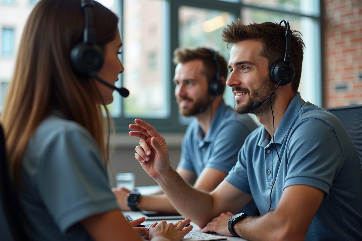 Groupe d agents de service client discutant dans un centre d appel moderne