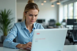 Femme frustrée devant un formulaire en ligne avec des erreurs sur son ordinateur portable au bureau