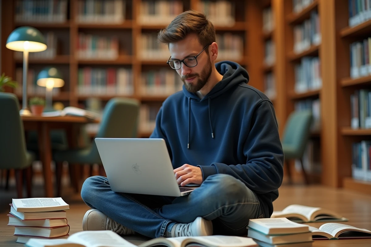 Étudiant en bibliothèque universitaire testant un outil de correction de texte en ligne comme Scribens pour améliorer sa rédaction