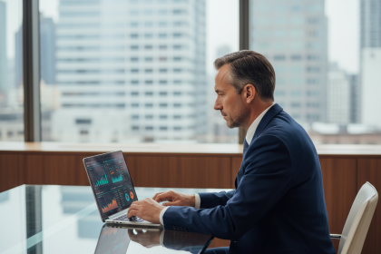 Homme d'affaires en costume regardant un tableau digital