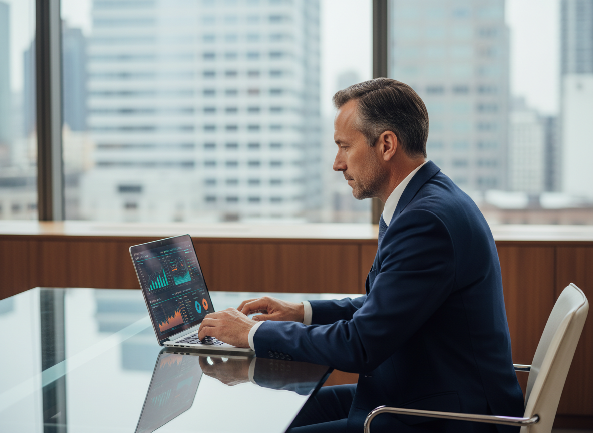 Homme d'affaires en costume regardant un tableau digital