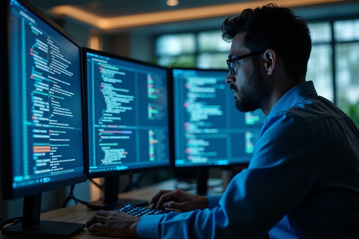 Expert en cybersécurité analysant du code sur plusieurs écrans