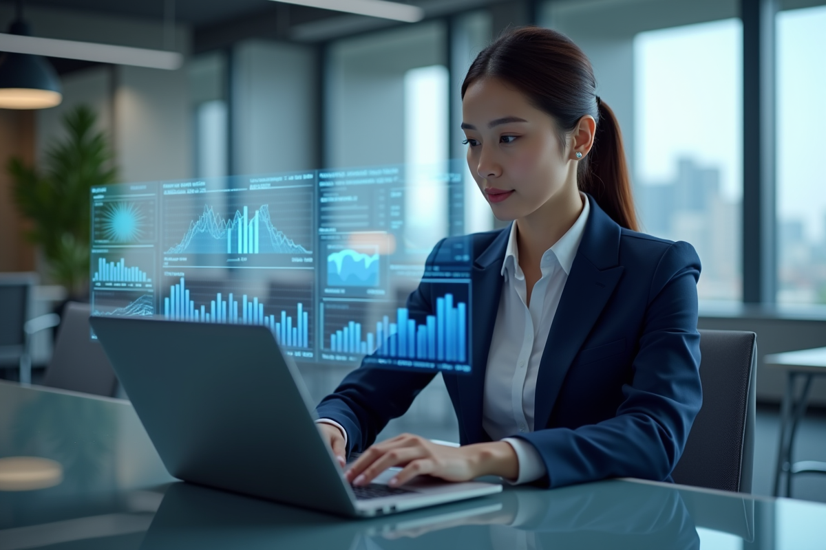 Femme d'affaires en costume bleu examinant des graphiques holographiques