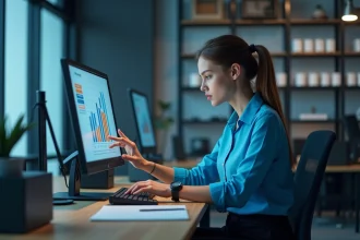 Jeune femme analysant un tableau de bord de données en entreprise