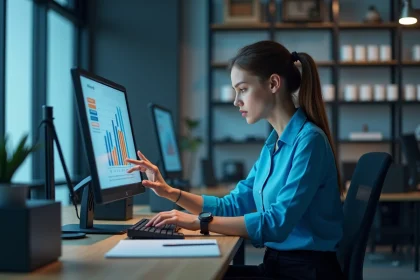 Jeune femme analysant un tableau de bord de données en entreprise
