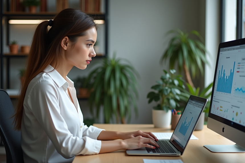Femme concentrée travaillant sur un ordinateur en bureau moderne