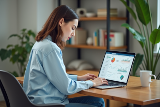 Jeune femme analysant trafic web organic dans un bureau lumineux