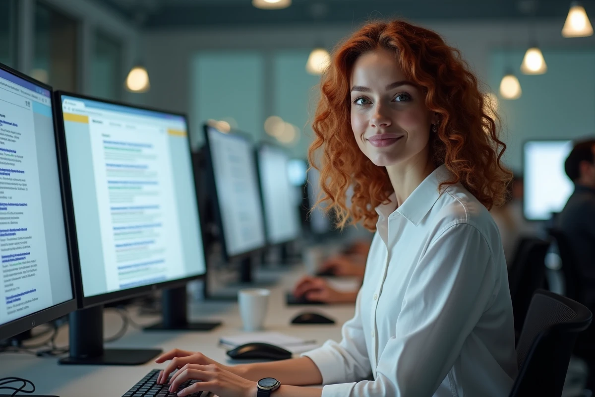 Femme analyste web entourée d'écrans montrant un site inconnu omniprésent sur internet