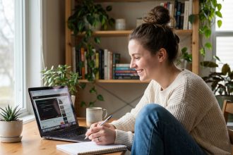 Jeune femme souriante utilisant un ordinateur à la maison