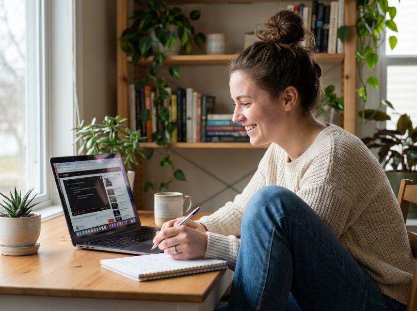 Jeune femme souriante utilisant un ordinateur à la maison