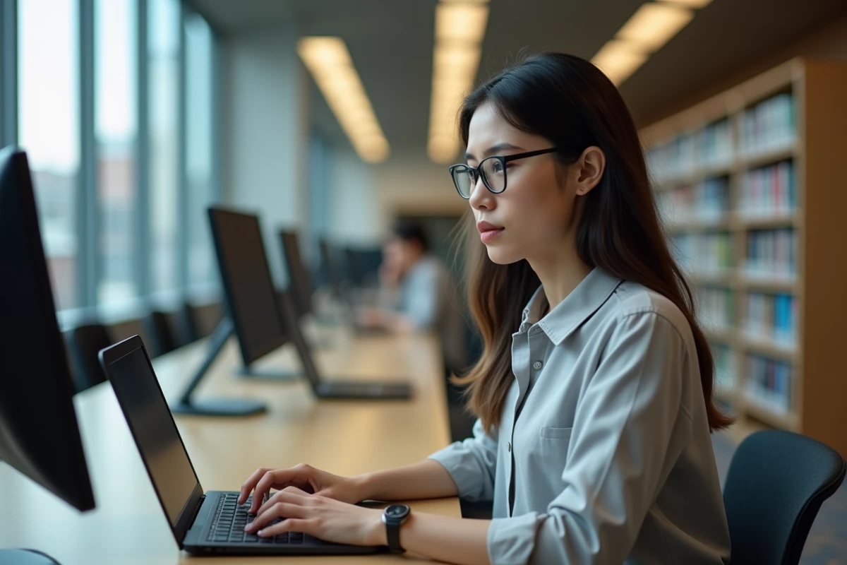 Jeune femme &agrave; la biblioth&egrave;que travaillant sur un ordinateur
