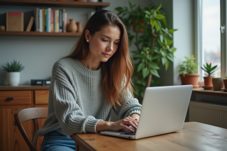 Femme en intérieur travaillant sur son ordinateur dans un appartement cosy